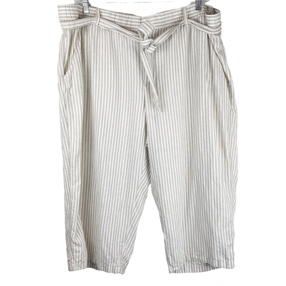 Liz Claiborne Linen Blend Pinstripe Crop Pants Sz 3X Belted Tie Waist